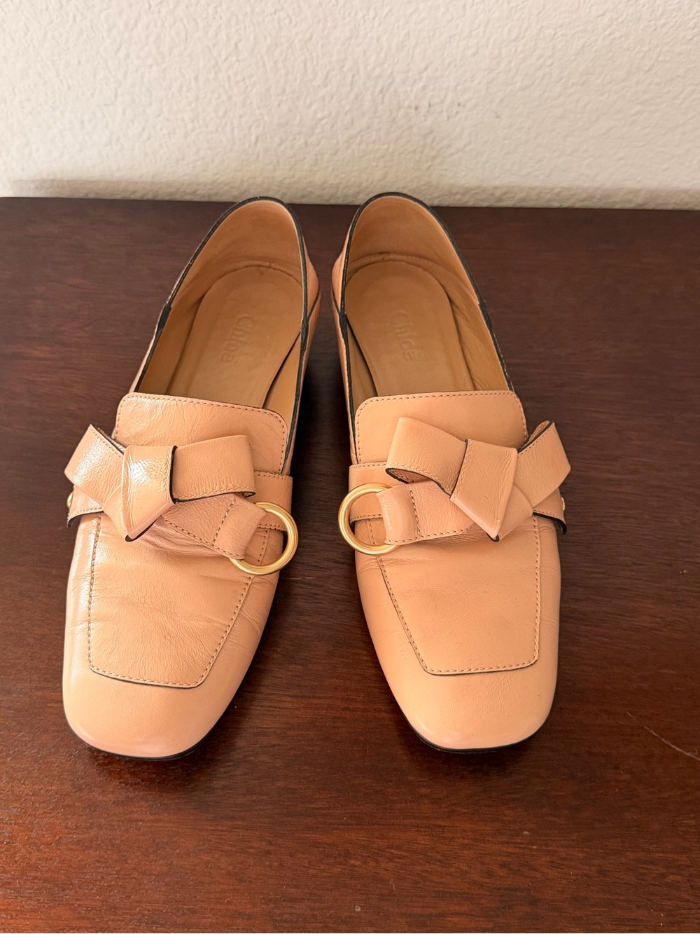 Chloe Peach Leather Bow Loafers with Gold Ring Accent